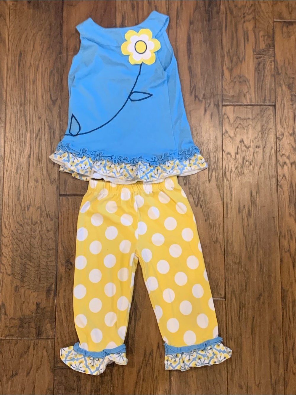 Rare Editions Yellow and White Polka Dot Ruffle Pants and Blue Flower Shirt